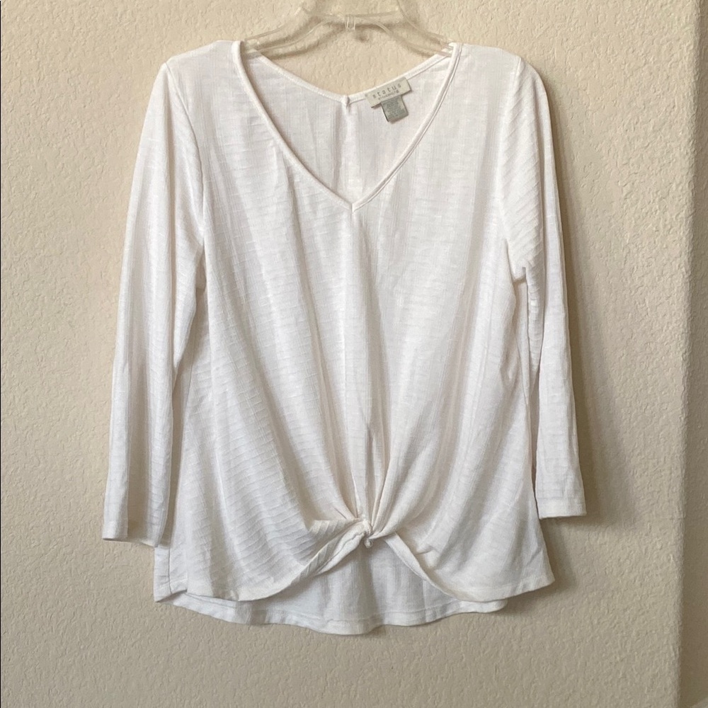 Status Off White V-Neck Knot Front 3/4 Sleeve Top Size L - Picture 2 of 7
